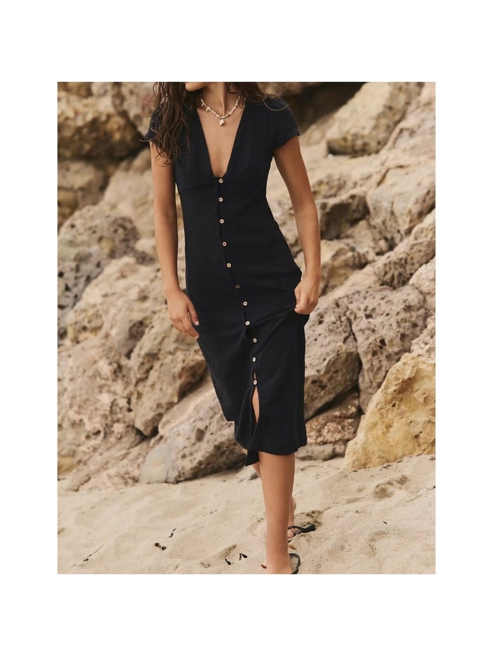 Free People New In Town Black Button-Front Midi Dress 100% Cotton - Picture 4 of 4